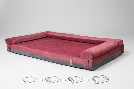 2-sided transformer dog bed. WINE RED+STEEL GREY - European handmade dog accessories by My Wild Other