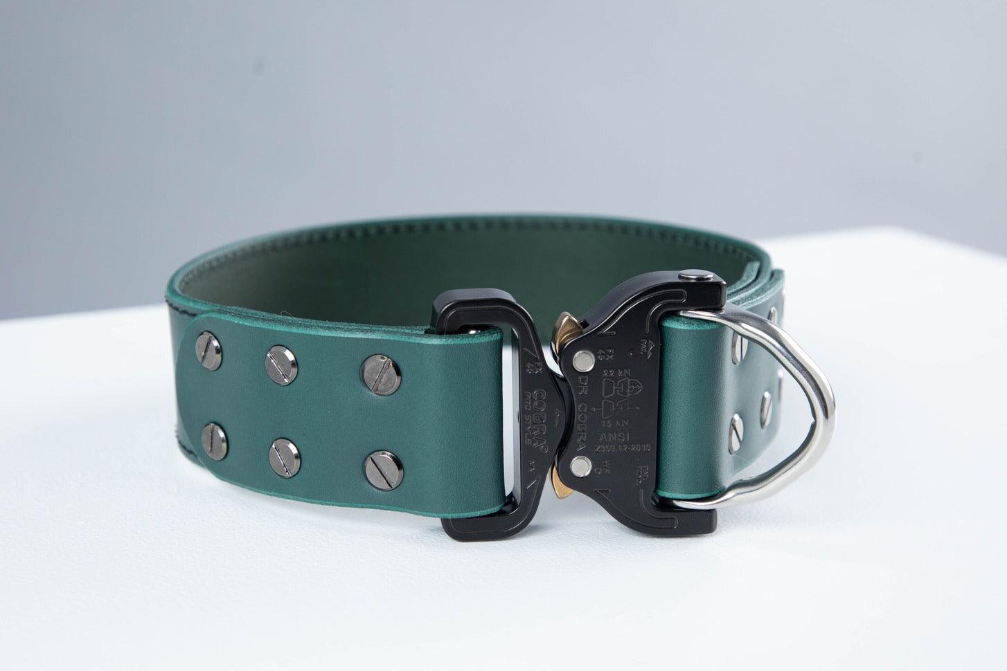 Green leather dog collar with COBRA® buckle - European handmade dog accessories by My Wild Other