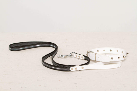 Handmade white leather STUDDED dog collar+matching leash 
