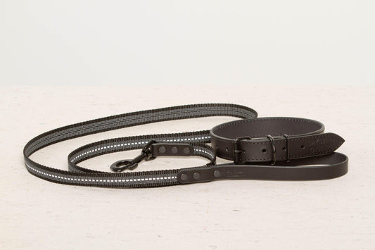 Handmade black leather dog collar+matching leash 