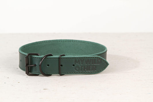 Handmade green leather dog collar 