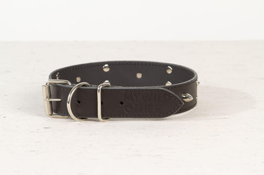 Handmade black leather STUDDED dog collar 