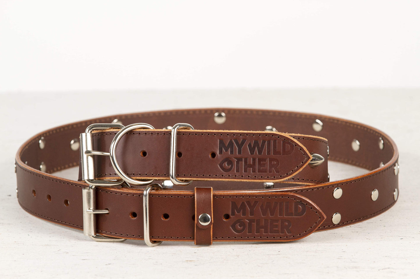 Handmade brown leather STUDDED dog collar - European handmade dog accessories by My Wild Other