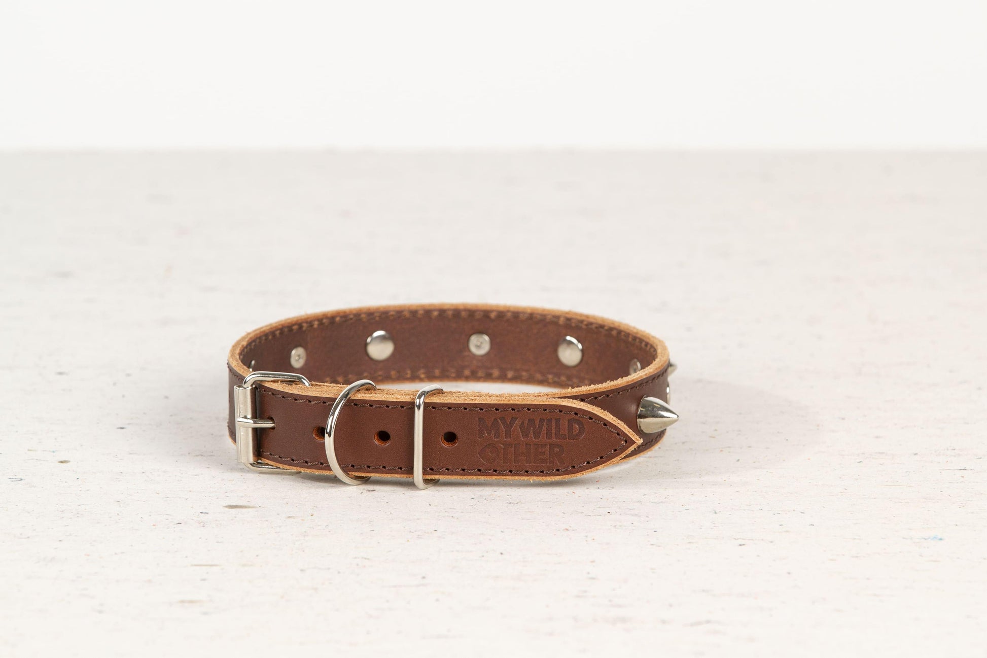 Handmade brown leather STUDDED dog collar - European handmade dog accessories by My Wild Other