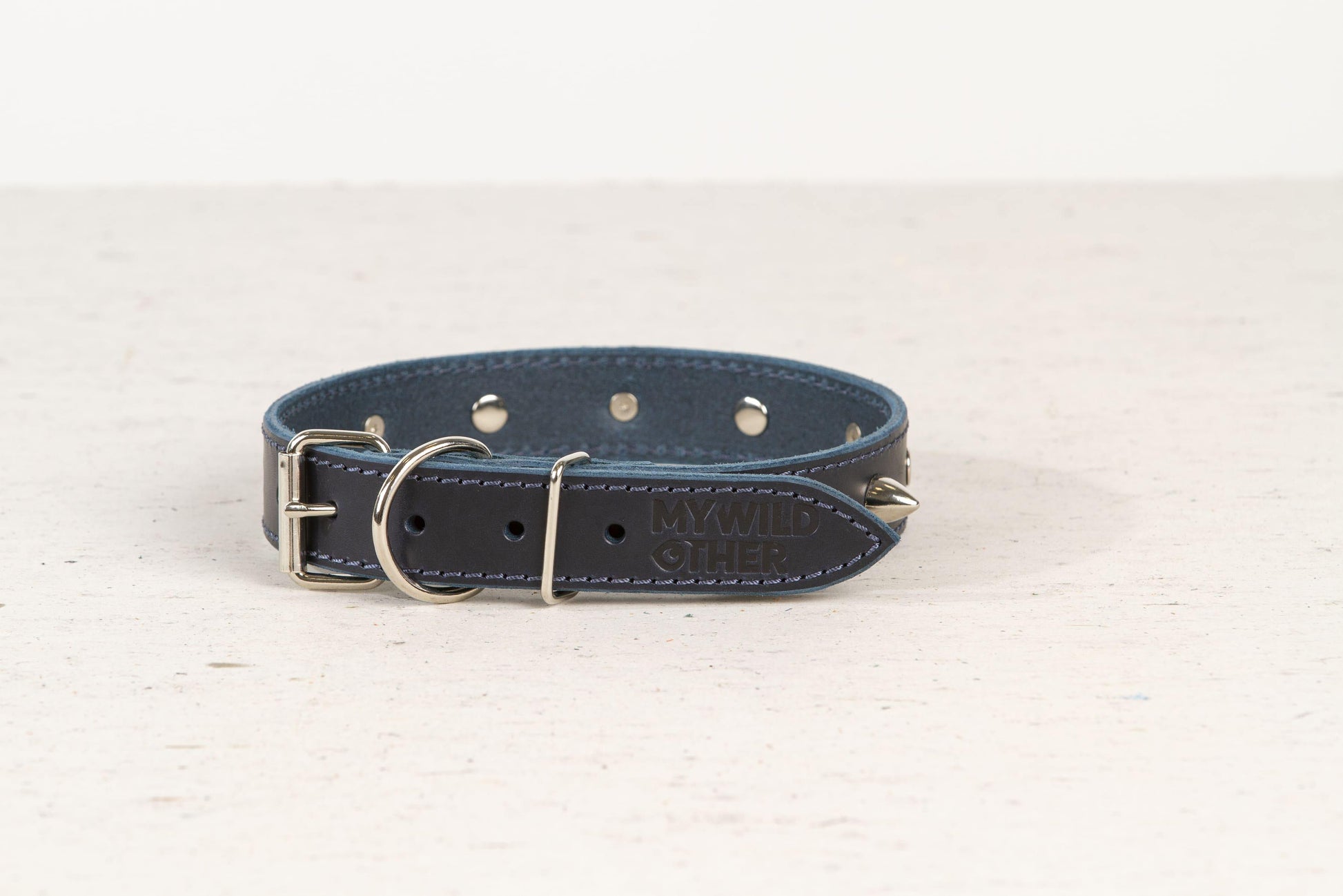 Handmade blue leather STUDDED dog collar - European handmade dog accessories by My Wild Other