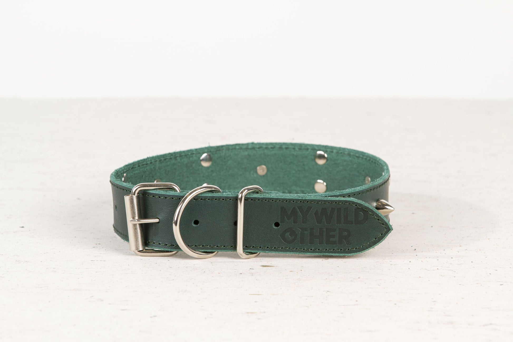 Handmade green leather STUDDED dog collar - European handmade dog accessories by My Wild Other