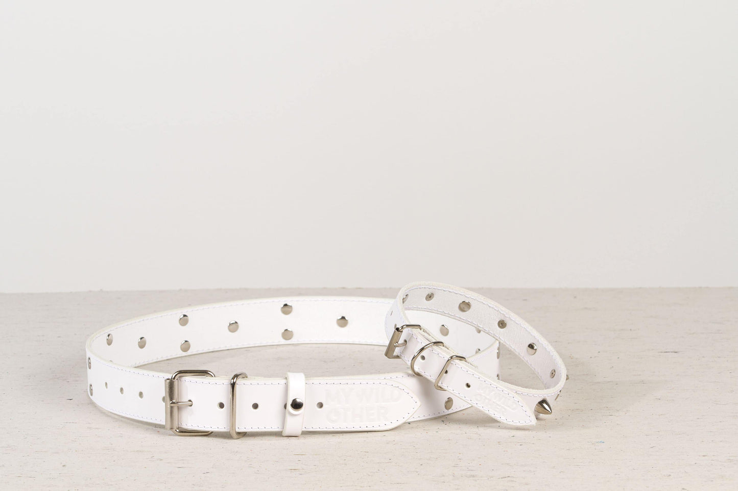 Handmade white leather STUDDED dog collar - European handmade dog accessories by My Wild Other