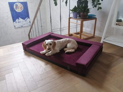 2-sided transformer dog bed. WINE RED+STEEL GREY - European handmade dog accessories by My Wild Other